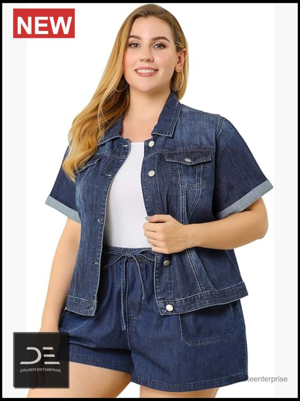 Plus Size Denim Jacket Short Sleeve Lapel Button Front Work Western Jean Jacket